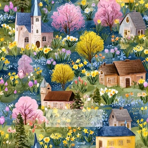 Spring Village Seamless Pattern – Colorful Cottage Garden Landscape Repeat Design for Fabric & Crafts
