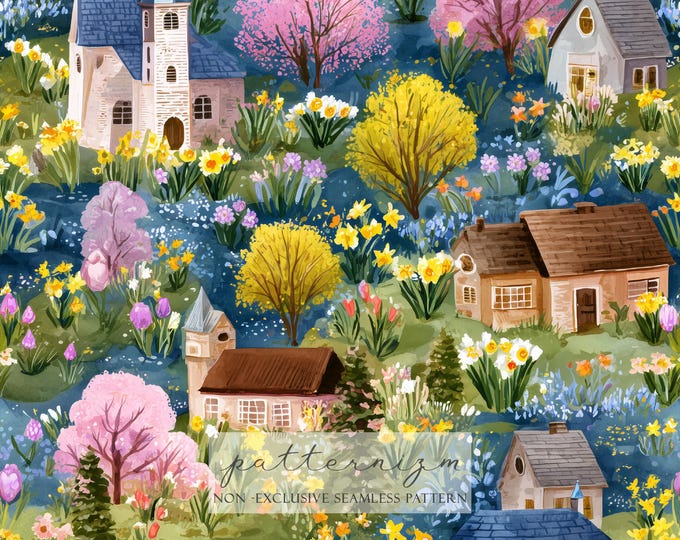 Spring Village Seamless Pattern – Colorful Cottage Garden Landscape Repeat Design for Fabric & Crafts