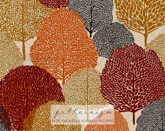 Seamless Retro Forest Pattern Digital Download – Stylized Autumn Tree Design, Earth Tone Fabric, Mid Century Modern Nature Print