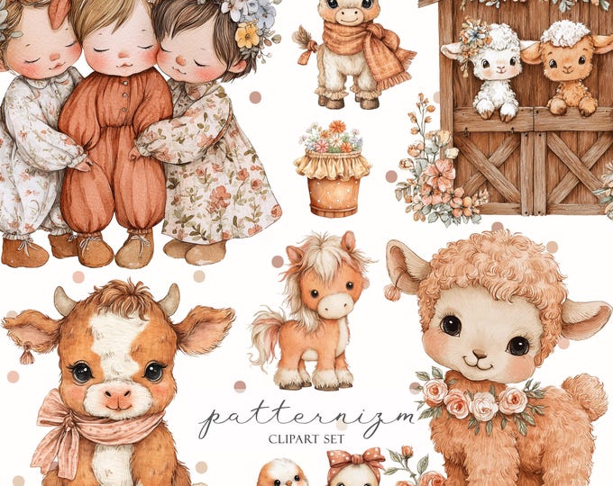 Cozy Farm Friends Clipart Set, Watercolor Animals Digital Image, Farm Animals, Coquette, PNG, Cottagecore, Autumn, Fall, Trendy, Trending