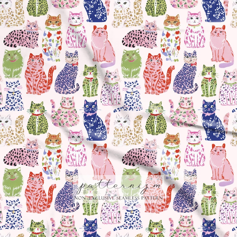 Seamless Colorful Cats Pattern Digital Download – Cute Whimsical Cat Print, Pet Lover Fabric, Playful Animal Design for Kids bild 2