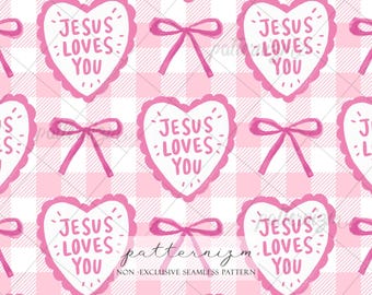Jesus liebt dich rosafarbenes nahtloses Muster-Digitalpapier - niedliches christliches Herz-Gingham-Wiederholungsdesign