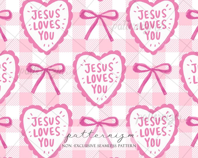 Jesus Loves You Light Pink Seamless Pattern Digital Paper – Cute Christian Heart Gingham Repeat Design