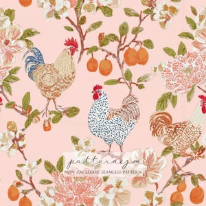 May include: A seamless pattern featuring roosters, flowers, and fruit on a pink background. The roosters are depicted in various colors and patterns, with red combs and detailed feathers. Floral and fruit branches frame the design, creating a vintage, farmhouse aesthetic.