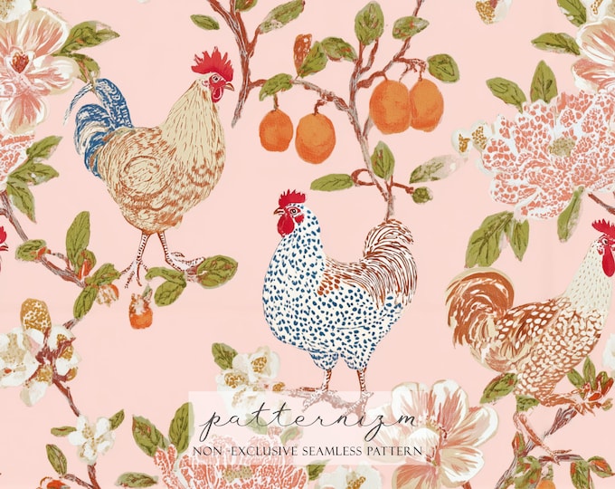 Elegant Rooster Floral Pattern – Vintage Farm Birds with Blossoms, Cottage Chic Seamless Design for Fabric & Home Decor