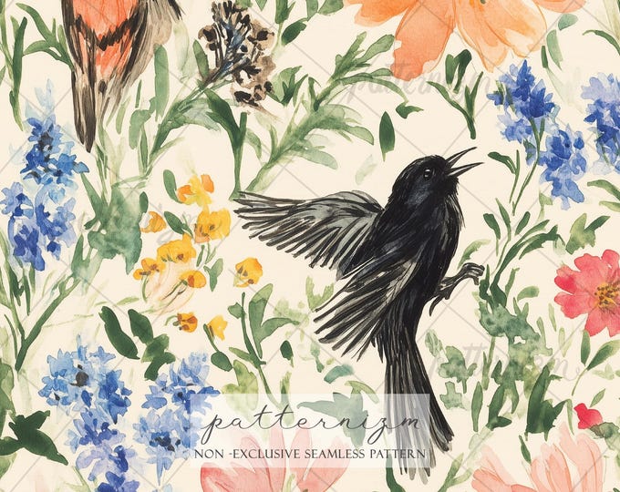Seamless Watercolor Bird Pattern Digital Download – Whimsical Songbird & Wildflower Design, Nature Inspired Fabric for Kids Crafts