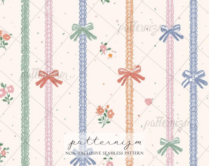 Pastel Coquette Bow Seamless Pattern Digital Download – Vintage Ribbon Stripe Print for Fabric, Wallpaper & Nursery Decor