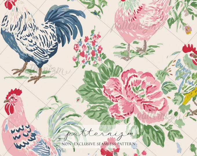 Elegant Rooster & Floral Seamless Pattern – Country Farmhouse Design, Bold Hen and Rose Printable, Vintage Style Fabric for Home Decor
