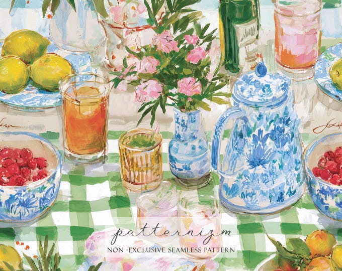 Seamless Picnic Pattern Paper – Painted Summer Table Scene with Lemons, Amalfi, Florals & Gingham, Vintage Kitchen, Digital Download