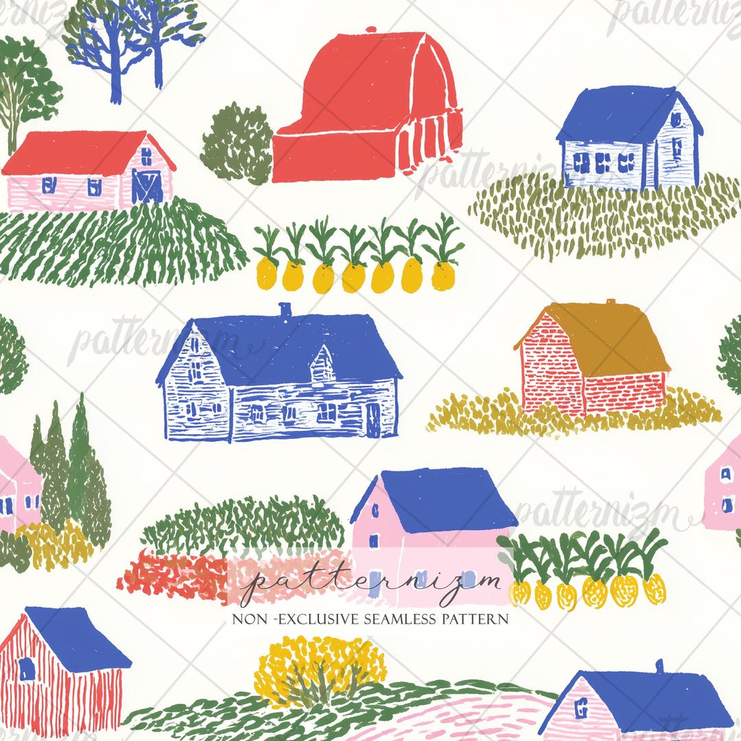 Farm Village Landscape Seamless Pattern – Rustic Barns & Countryside ...