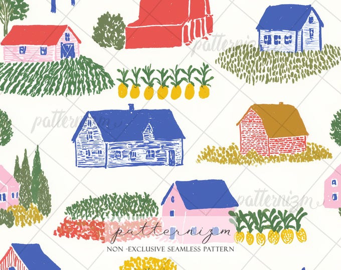 Farm Village Landscape Seamless Pattern – Rustic Barns & Countryside Repeat