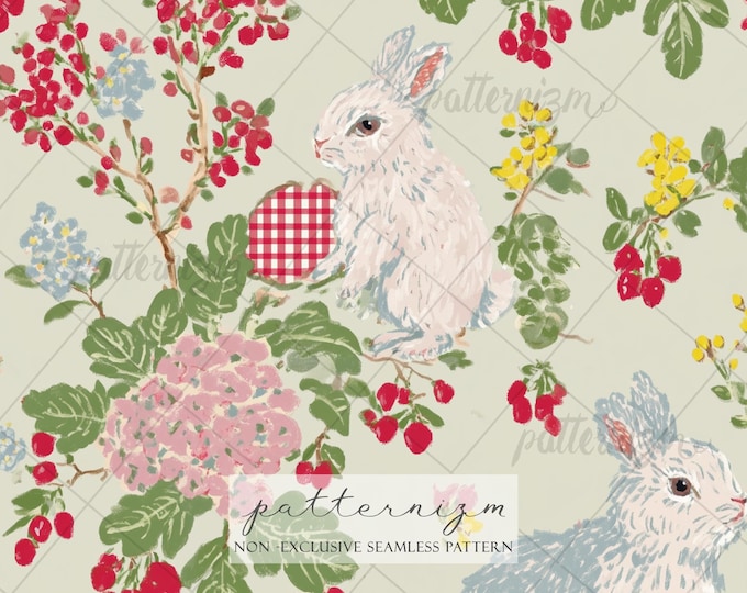Seamless Easter Bunny Floral Pattern Digital Download – Painted Rabbit and Flowers, Spring Fabric