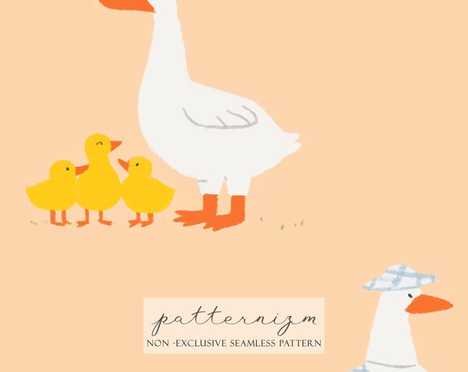 Mama Goose Family Seamless Pattern – Cute Mother Duck and Babies in Soft Pastel Storybook Style