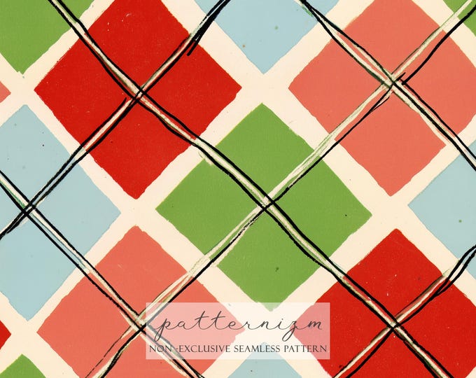 Seamless Diamond Plaid Pattern Digital Download – Painted Red Green Blue Check Design, Retro Geometric Fabric