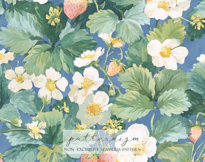 Watercolor Strawberry Field Seamless Pattern Digital Paper – Fresh Fruit and Blossom Garden Design