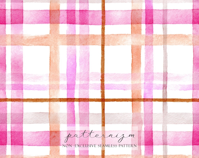 Watercolor Plaid Seamless Background, Pink Gold Tartan Pattern, Seamless Gingham Pattern, Repeat, Wallpaper, Scrapbook, Journal, Digital