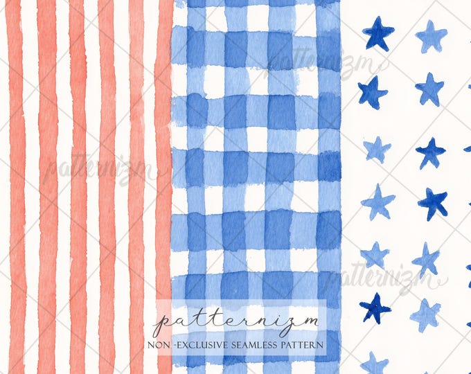 Seamless Patriotic Stars Pattern Digital Download – 4th of July Americana Stripe & Gingham Design, Red Blue Watercolor Fabric