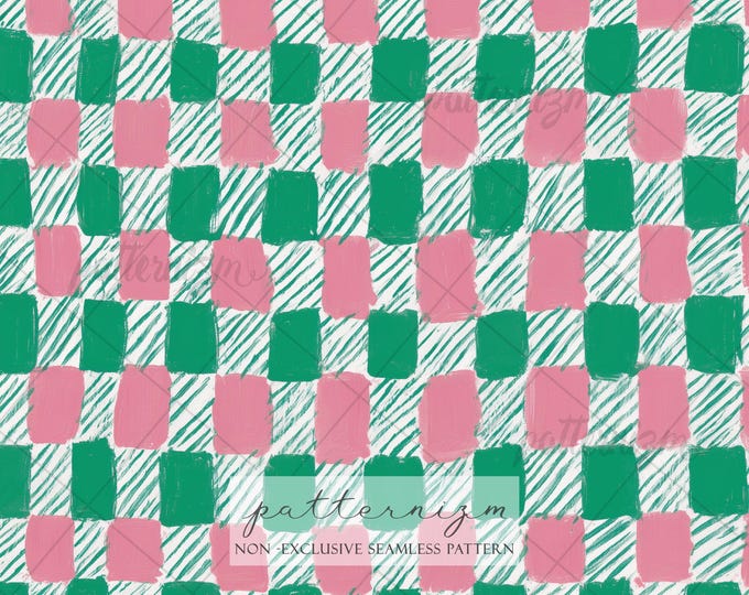 Pink and Green Checkered Seamless Pattern - Watercolor Gingham Stripe Design, Preppy Aesthetic Fabric, Preppy Spring Digital Download Art