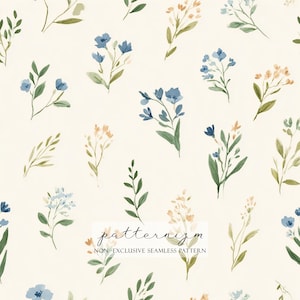 Puede incluir: Un patrón sin costuras con ilustraciones en acuarela de delicadas ramitas florales y hojas azules, melocotón y verdes sobre un fondo crema. También está presente el texto "patternizm" y "NON-EXCLUSIVE SEAMLESS PATTERN".