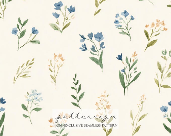 Minimal Wildflower Seamless Pattern – Painted Botanical Sprigs, Neutral Cottage Fabric