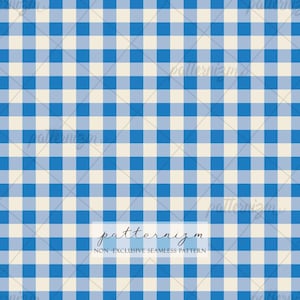 May include: A seamless repeating pattern featuring a classic gingham check design with alternating squares of bright blue and off-white. The image includes a central white rectangular overlay with the text patternizm NON-EXCLUSIVE SEAMLESS PATTERN.