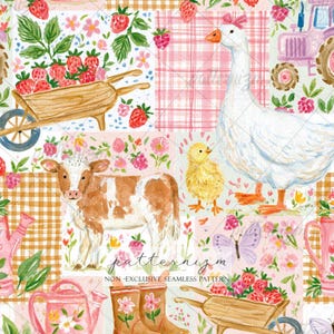 May include: A seamless pattern featuring watercolor illustrations of a white goose, a yellow chick, a brown and white calf, wooden wheelbarrows filled with red strawberries, pink watering cans, brown boots, and a purple butterfly on a plaid background.