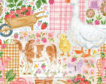 Seamless Farm Patchwork Pattern Digital Download – Cottagecore Goose Calf Design, Strawberry Gingham Print, Whimsical Fabric for Kids Crafts