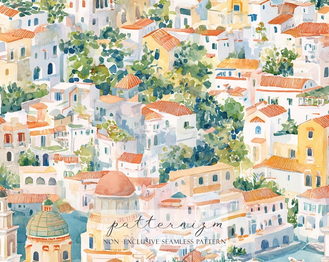 Watercolor Mediterranean Town Pattern Digital Paper – Coastal Village with Terracotta Roofs, Seamless Design