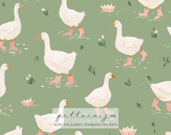 Cute Geese in Pink Boots Seamless Pattern – Watercolor Farm Goose Repeat on Sage Green Background
