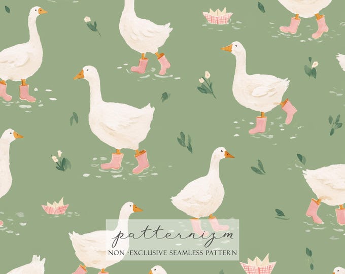 Cute Geese in Pink Boots Seamless Pattern – Watercolor Farm Goose Repeat on Sage Green Background