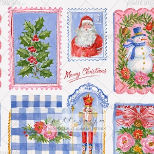 May include: A seamless pattern featuring watercolor illustrations of Christmas motifs including holly, Santa Claus, a snowman in a wreath, a nutcracker, and floral arrangements with red bows, accompanied by the red cursive text Merry Christmas.
