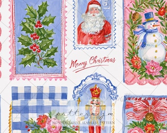 Seamless Pattern, Christmas Stamp Digital Download, Nutcracker Snowman Repeat Design, Grandmillennial Wallpaper Print