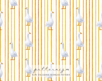 Watercolor Silly Goose Pattern Digital Paper – Cute White Geese with Orange Yellow Stripes, Farm Animal Seamless Design for Crafts & Fabric