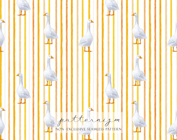 Watercolor Silly Goose Pattern Digital Paper – Cute White Geese with Orange Yellow Stripes, Farm Animal Seamless Design for Crafts & Fabric