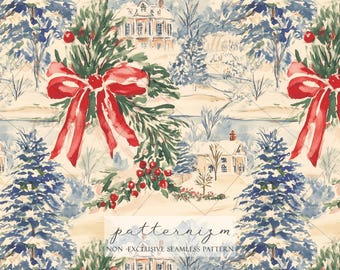 Seamless Christmas Toile Pattern Digital Download – Vintage Holiday Ribbon & Winter Village Scene, Festive Fabric Design