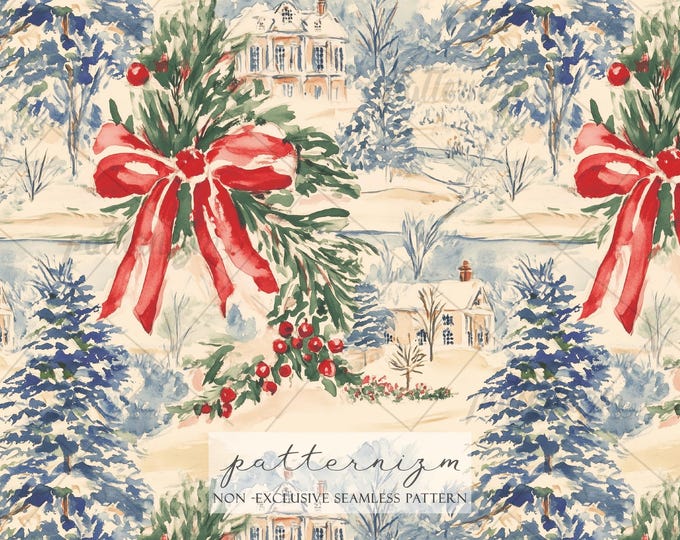 Seamless Christmas Toile Pattern Digital Download – Vintage Holiday Ribbon & Winter Village Scene, Festive Fabric Design
