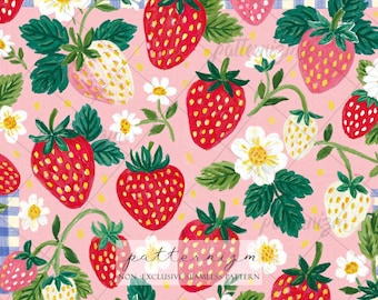 Strawberry Blossom Seamless Pattern Digital Download – Cottagecore Berry Gingham Floral Fabric Design