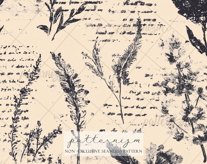 Seamless Botanical Script Pattern Digital Download – Vintage Herb Sketch Design, Antique Printable, Neutral Fabric & Decor