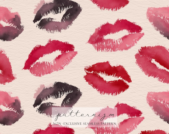 Smudged Lipstick Seamless Pattern - Watercolor Lip Kiss Print Romantic Red and Pink Repeat Design for Fabric & Crafts