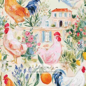 以下が含まれることがあります： 水彩画のパターンで、雄鶏、花、家が描かれています。雄鶏はオレンジ、白、青の色合いです。花にはピンクのバラとラベンダーが含まれています。「patternizm」と「NON-EXCLUSIVE SEAMLESS PATTERN」の文字が見えます。