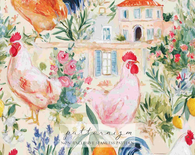 French Country Chicken Seamless Pattern – Pastel Farmhouse Scene with Flowers, Elegant Toile Digital Paper