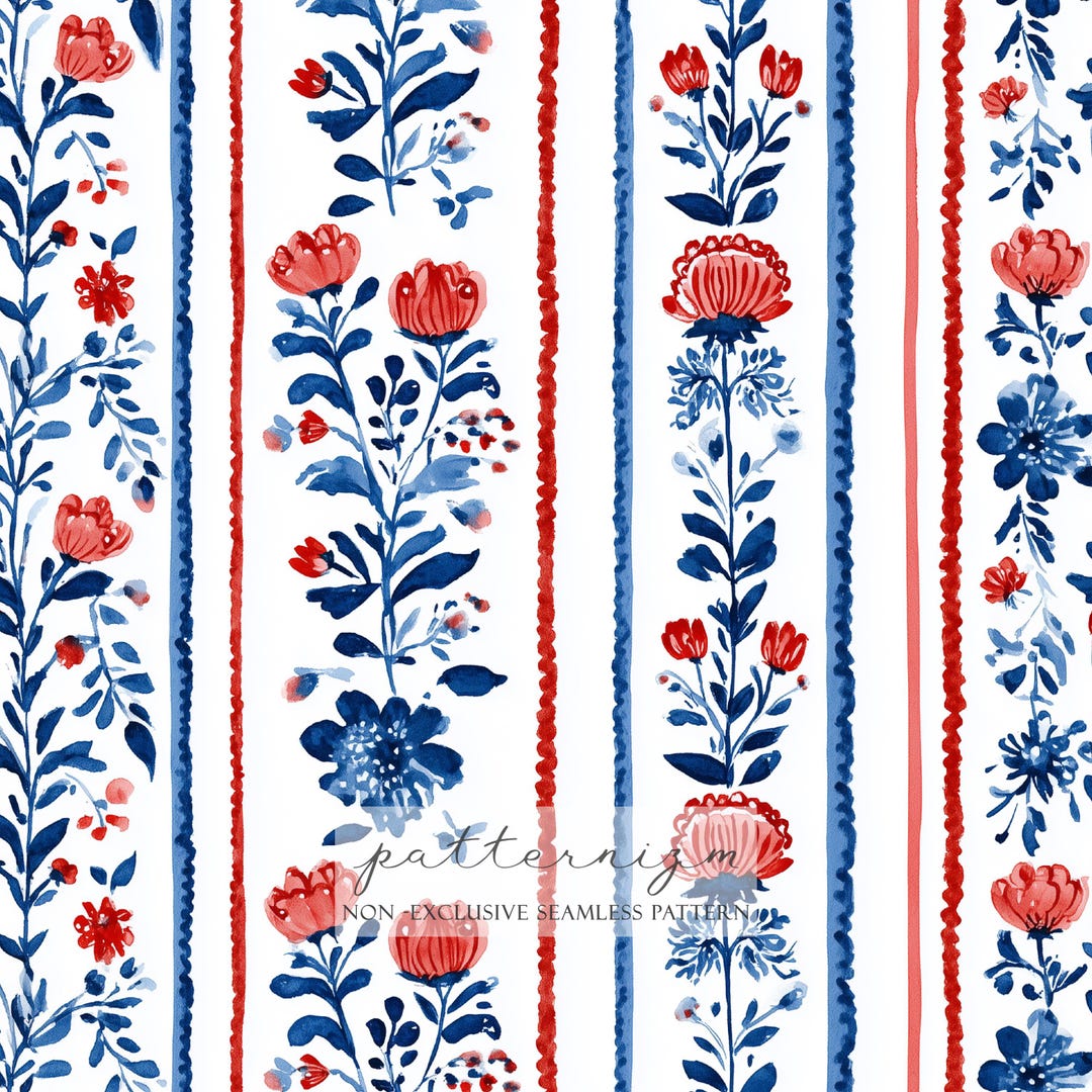 Folk Floral Stripes Seamless Pattern – Red and Blue Vertical Flower ...
