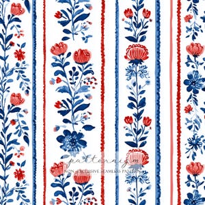 Op de afbeelding: Waterverf bloemenpatroon met verticale rode, blauwe en witte strepen. Het ontwerp toont gestileerde bloemen en bladeren in rood- en blauwtinten op een witte achtergrond. De tekst "patternize" en "NON-EXCLUSIVE SEAMLESS PATTERN" is zichtbaar.