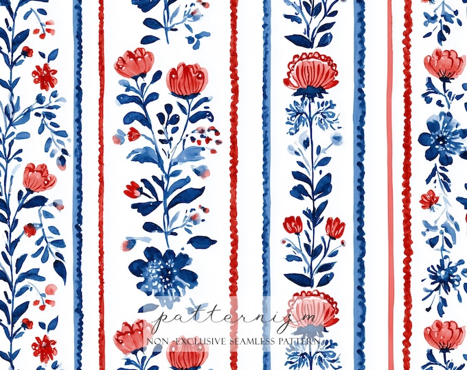 Folk Floral Stripes Seamless Pattern – Red and Blue Vertical Flower Watercolor Design, American-Inspired Digital Paper