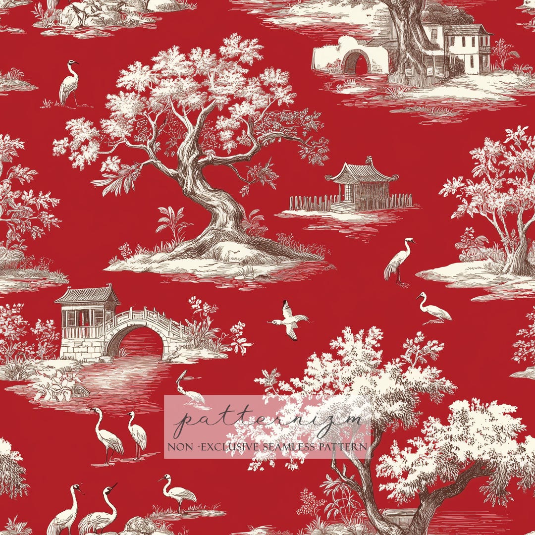 Red Chinese Toile Seamless Pattern – Oriental Scenic Landscape With ...