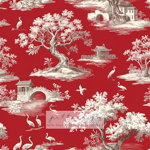 May include: Red seamless pattern featuring a detailed Asian landscape with trees, pagodas, bridges, and birds in a toile de Jouy style. The design includes the text "patternizm" and "NON-EXCLUSIVE SEAMLESS PATTERN".