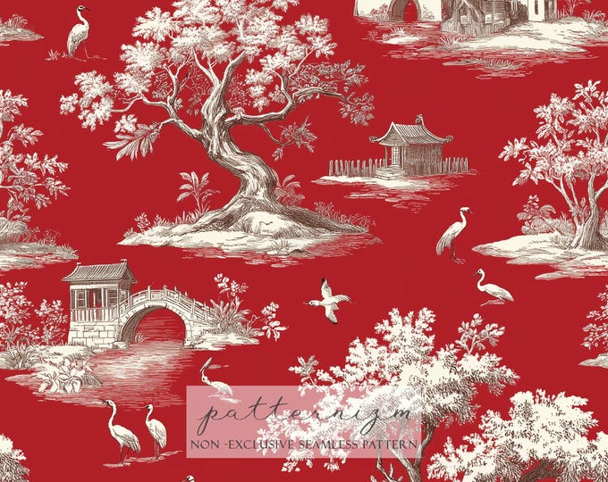 Red Chinese Toile Seamless Pattern – Oriental Scenic Landscape with Birds Digital Fabric for Wallpaper & Decor Crafts
