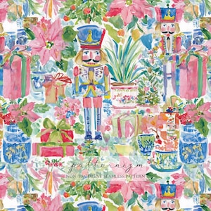 May include: Watercolor pattern featuring a repeating design of nutcrackers, poinsettias, wrapped gifts, and potted plants. The color palette includes pink, blue, green, and gold. The text "patternizm" and "NON EXCLUSIVE SEAMLESS PATTERN" is visible.