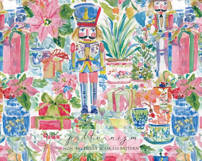 Watercolor Nutcracker Seamless Pattern, Digital Wallpaper, Background, Pink Christmas Nutcracker Sublimation Design, Scrapbook, Paper