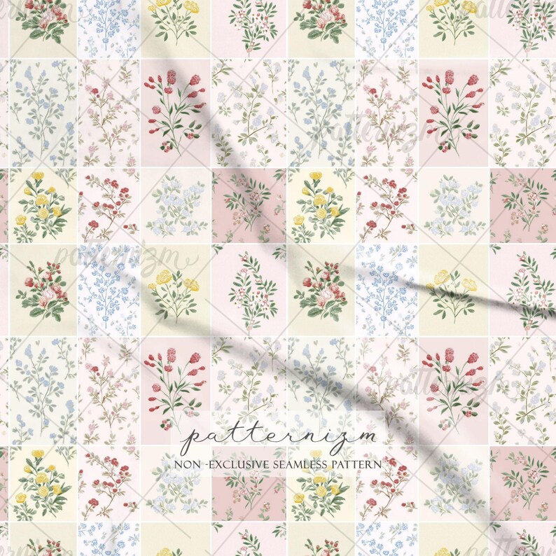 Seamless Botanical Patchwork Pattern Digital Download – Vintage Floral Quilt Design, Cottagecore Garden Blocks, Shabby Chic Fabric bild 2